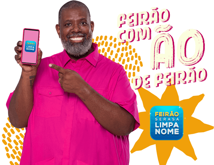 Pericles com celular com o Feirão Serasa Limpa nome