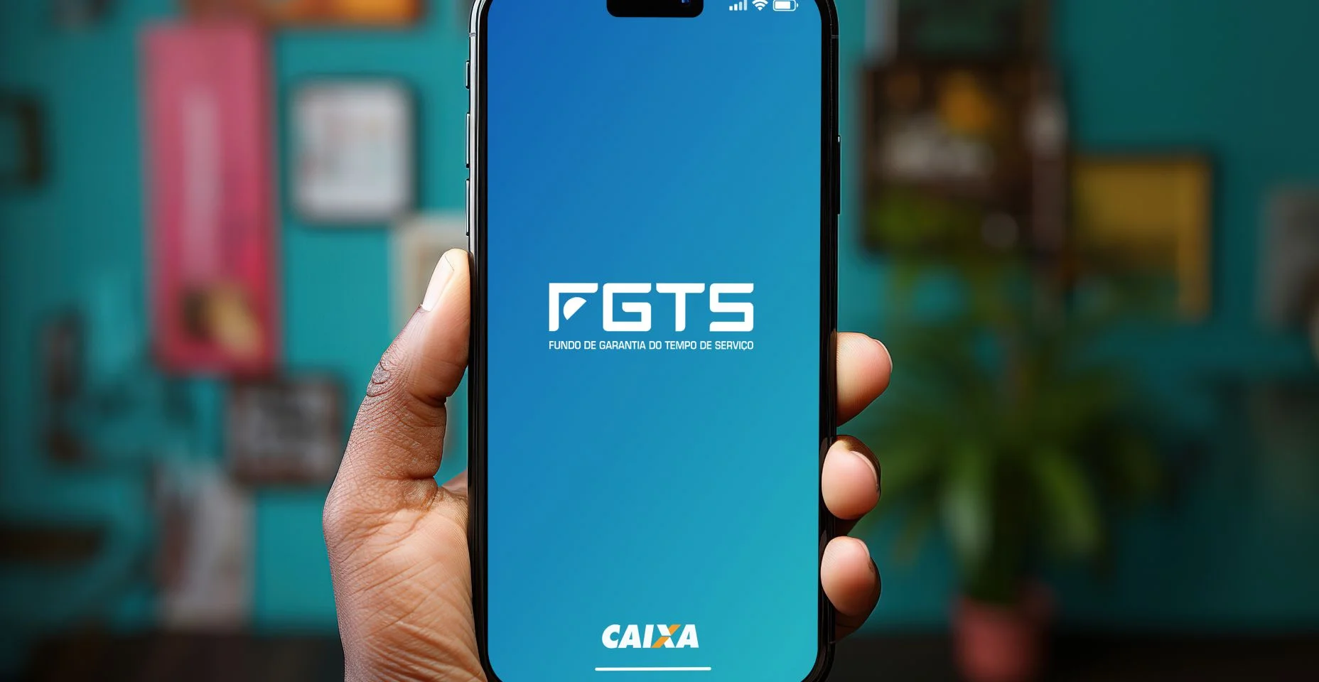 Mão negra segurando um smartphone iPhone com o aplicativo Caixa FGTS (Fundo de Garantia do Trabalhador Brasileiro) na tela. Fundo branco.