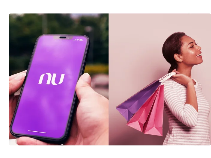 imagem metade uma mão segurando um celular com o logo da Nubank é a outra metada com Modelo feminina negra fofa curtindo vendas e segurando sacolas de compras
