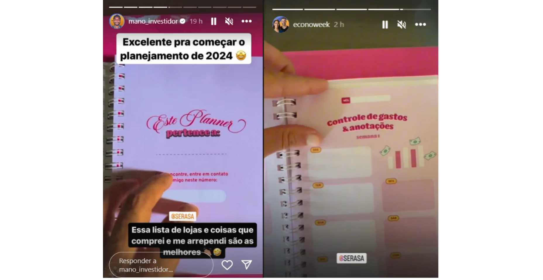 Stories de pessoas usando o planner da Serasa