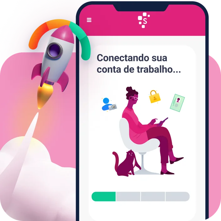 Celular mostrando simulação de conexão bancária com o Serasa e um foguetinho atrás simulando ponteiro de score