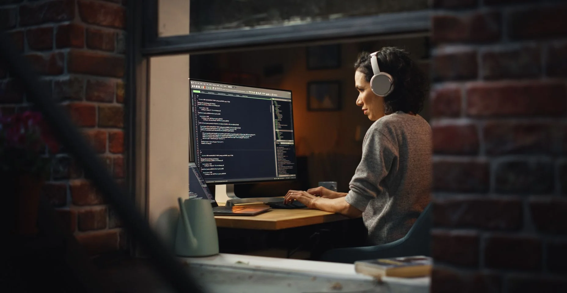 Programadora feminina hispânica em headphones Ouvindo podcast e trabalhando no computador desktop, tela mostra interface do usuário da linguagem de codificação. Empreendedor Digital Criando Software Moderno