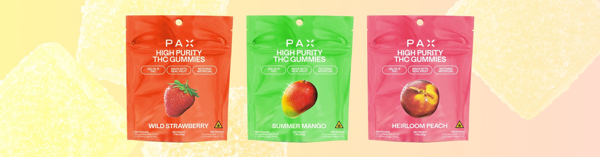 lineup of PAX gummies - strawberry, mango and peach