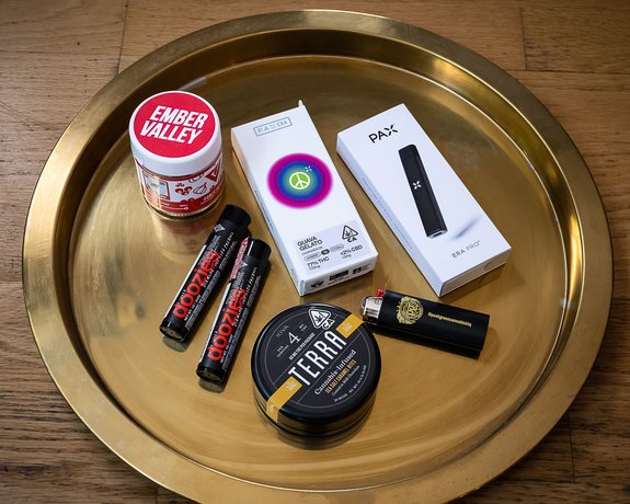 Cannabis supplies on a prep tray