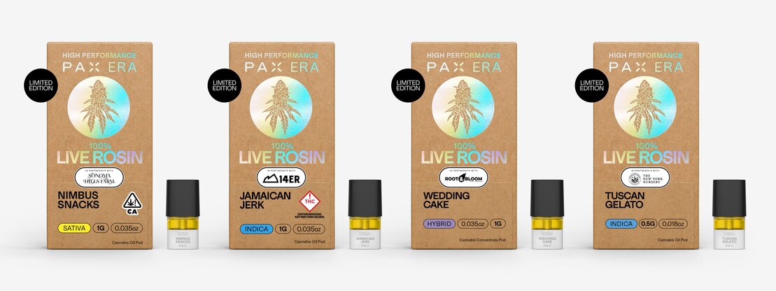 Line up of 100% Live Rosin pods and packages