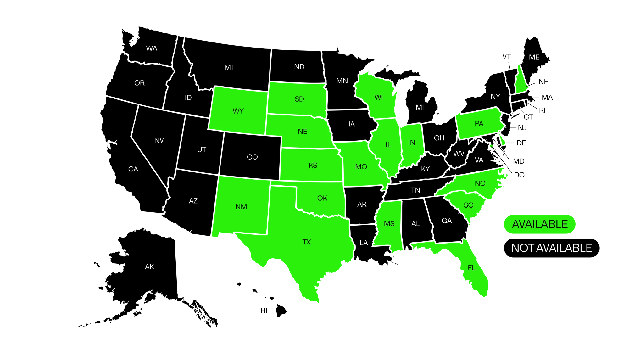 map of availability where High Purity gummies can be shipped to