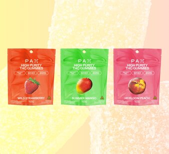 lineup of PAX gummies - strawberry, mango and peach