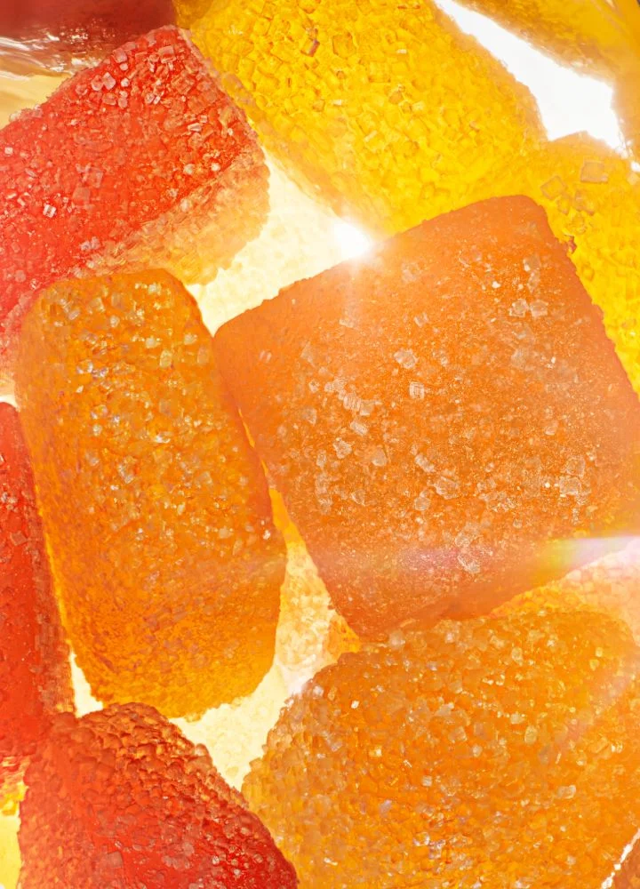 Fruity live rosin gummies in a grid