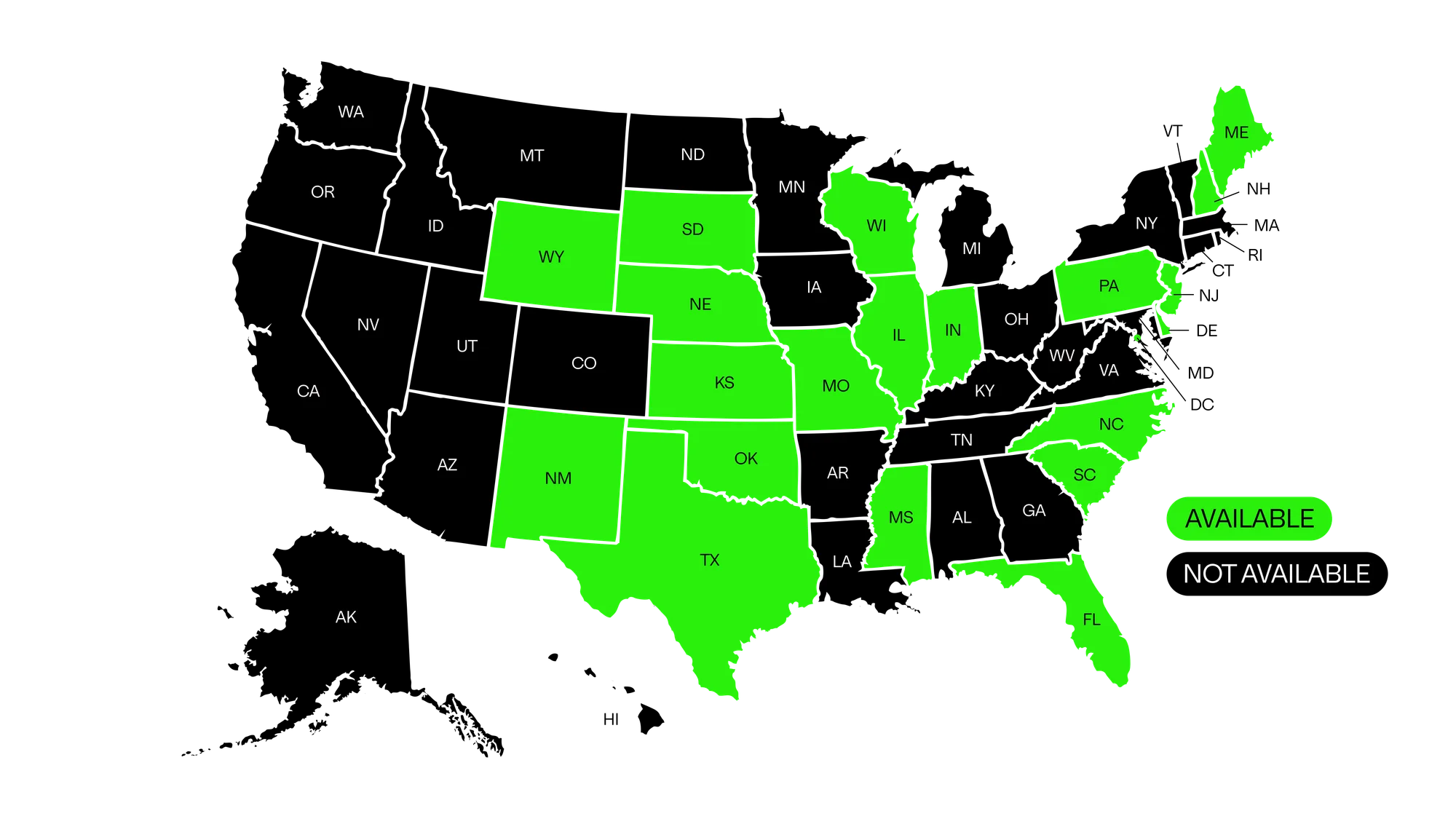 map of availability where High Purity gummies can be shipped to