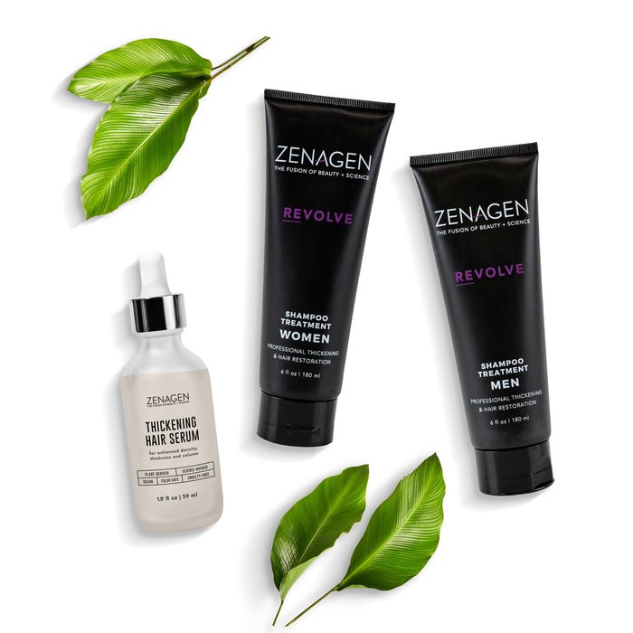 3 Zenagen products sitting on top of a white background. Leaves lay in background