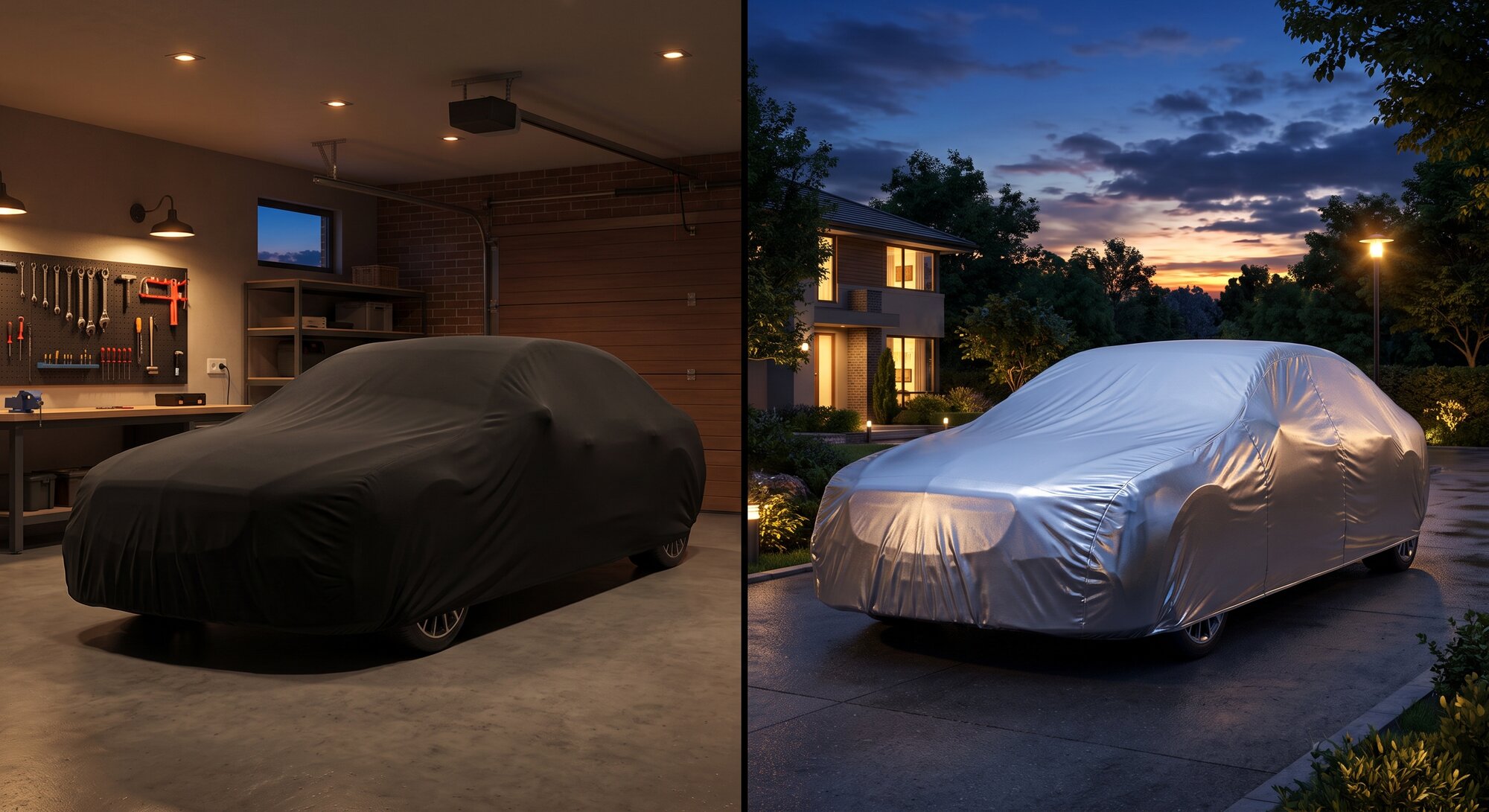 Indoor garage storage (left) and outdoor driveway at dusk (right)