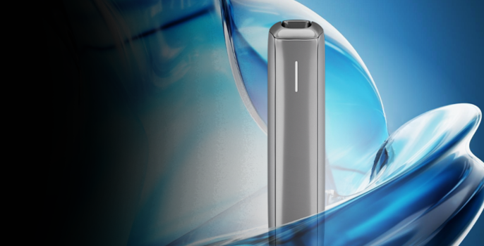 Ploom AURA device in Lunar Silver color, surrounded by blue waves