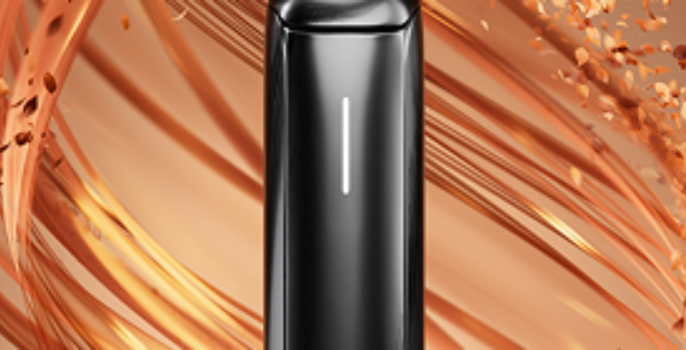 Ploom Aura heatflow technology with tobacco flavor waves as a background