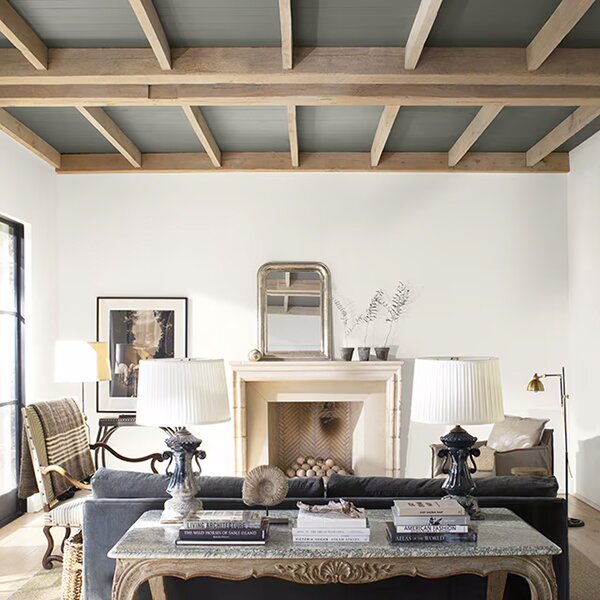 Living room with wood panel ceilings