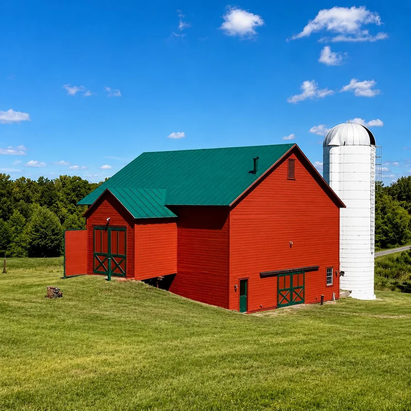 Weathered red barn and silo before and after restoration with a fresh red exterior and green metal roof
