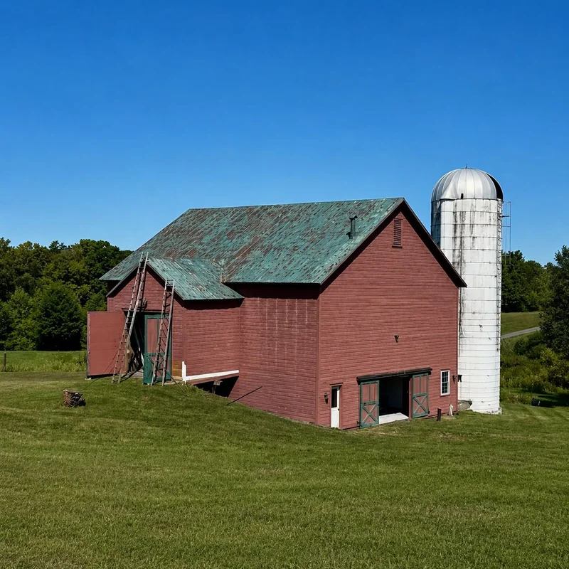 Before — Weathered red barn and silo before and after restoration with a fresh red exterior and green metal roof