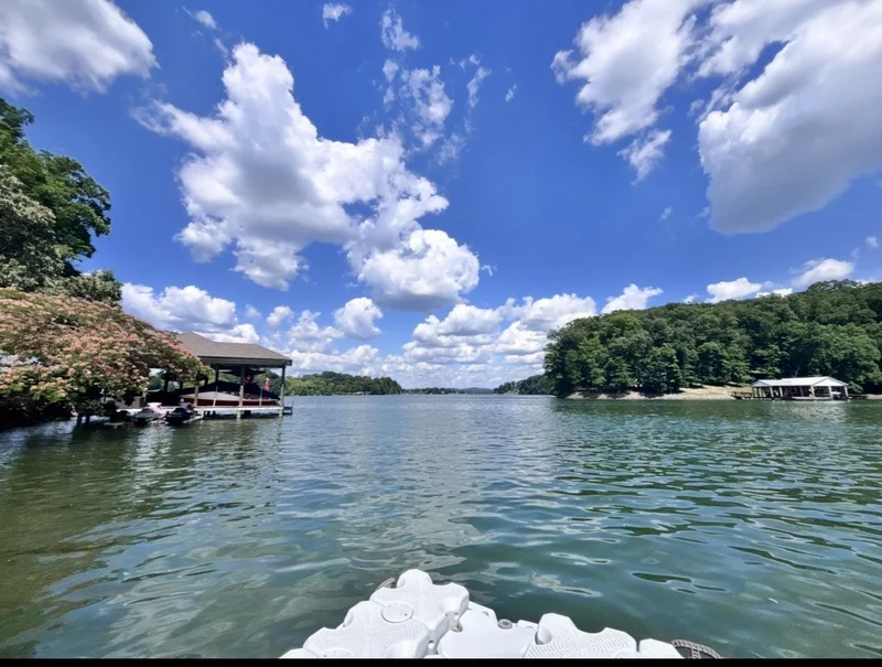 Lakefront landscape with a wide blue-water view