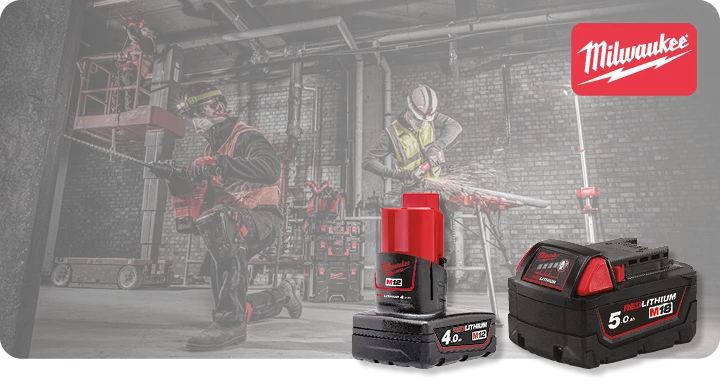 Promotiebanner van  Milwaukee met actie: Gratis accu bij aankoop van een M12 of M18 powertool