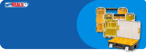 Promotiebanner van de weekdeal 25% korting op DeWALT en Stanley organizers
