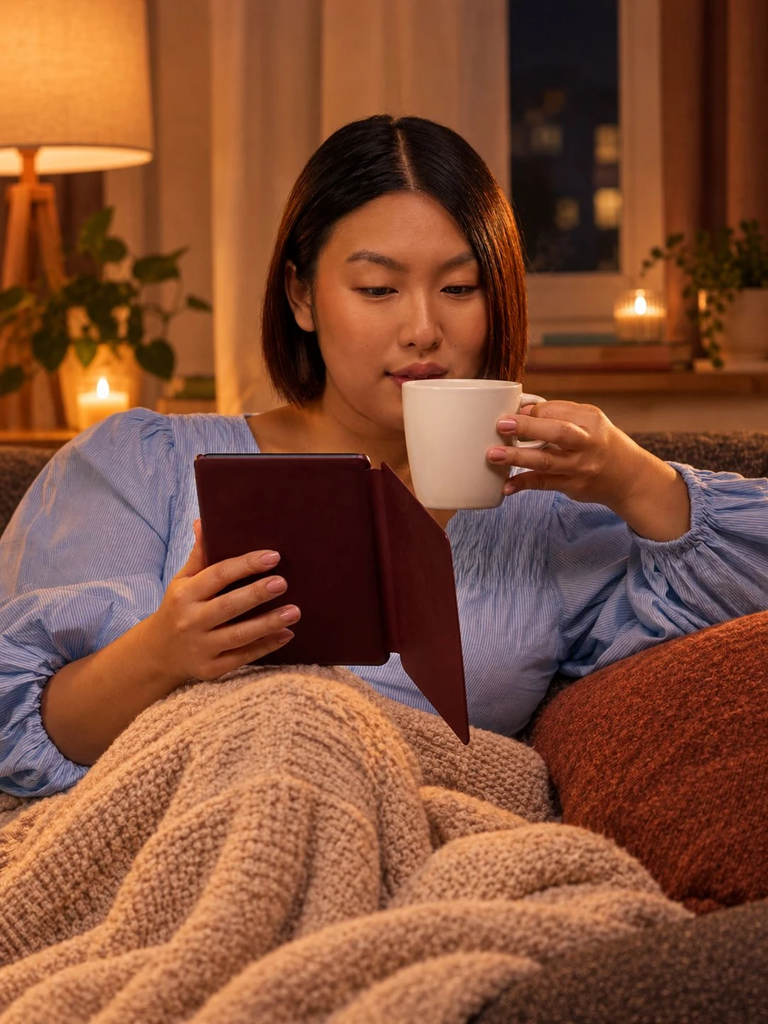 Frau liest mit einem E-Reader und trinkt dabei Tee