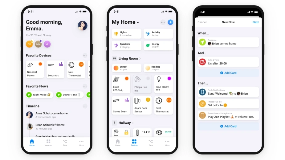 Homey Mobile App - Startseite, Geräteübersicht und Flows