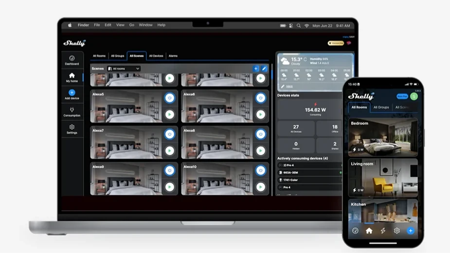 Shelly Smart Control App auf Smartphone und Computer