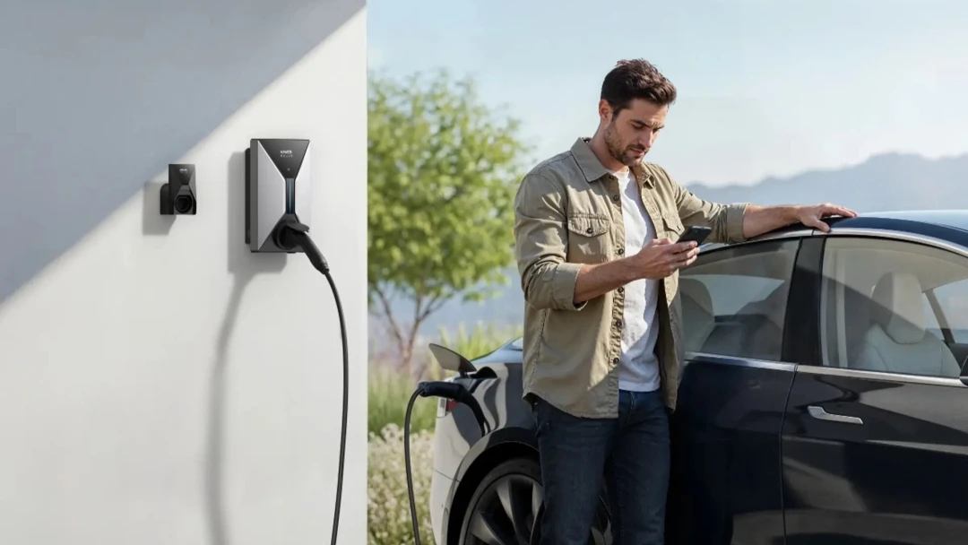 Mann lädt sein E-Auto an smarter Wallbox