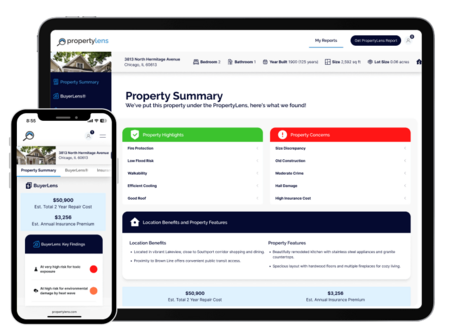 Mobile and Tablet views of the PropertyLens Report Dashboard