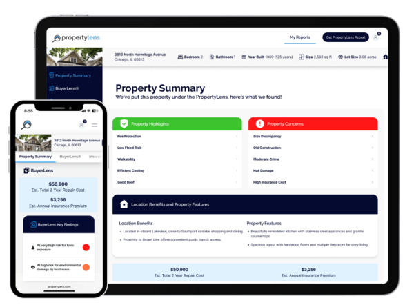 Mobile and Tablet views of the PropertyLens Report Dashboard