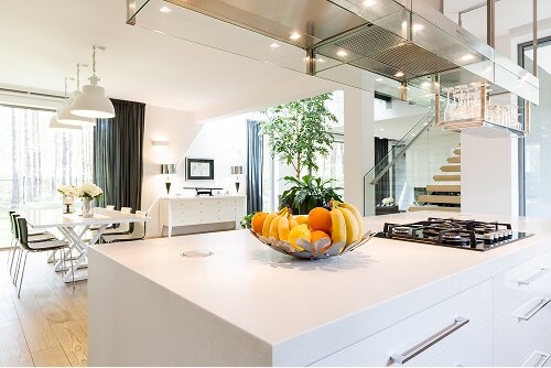 Inside view of a luxury home kitchen and dining room