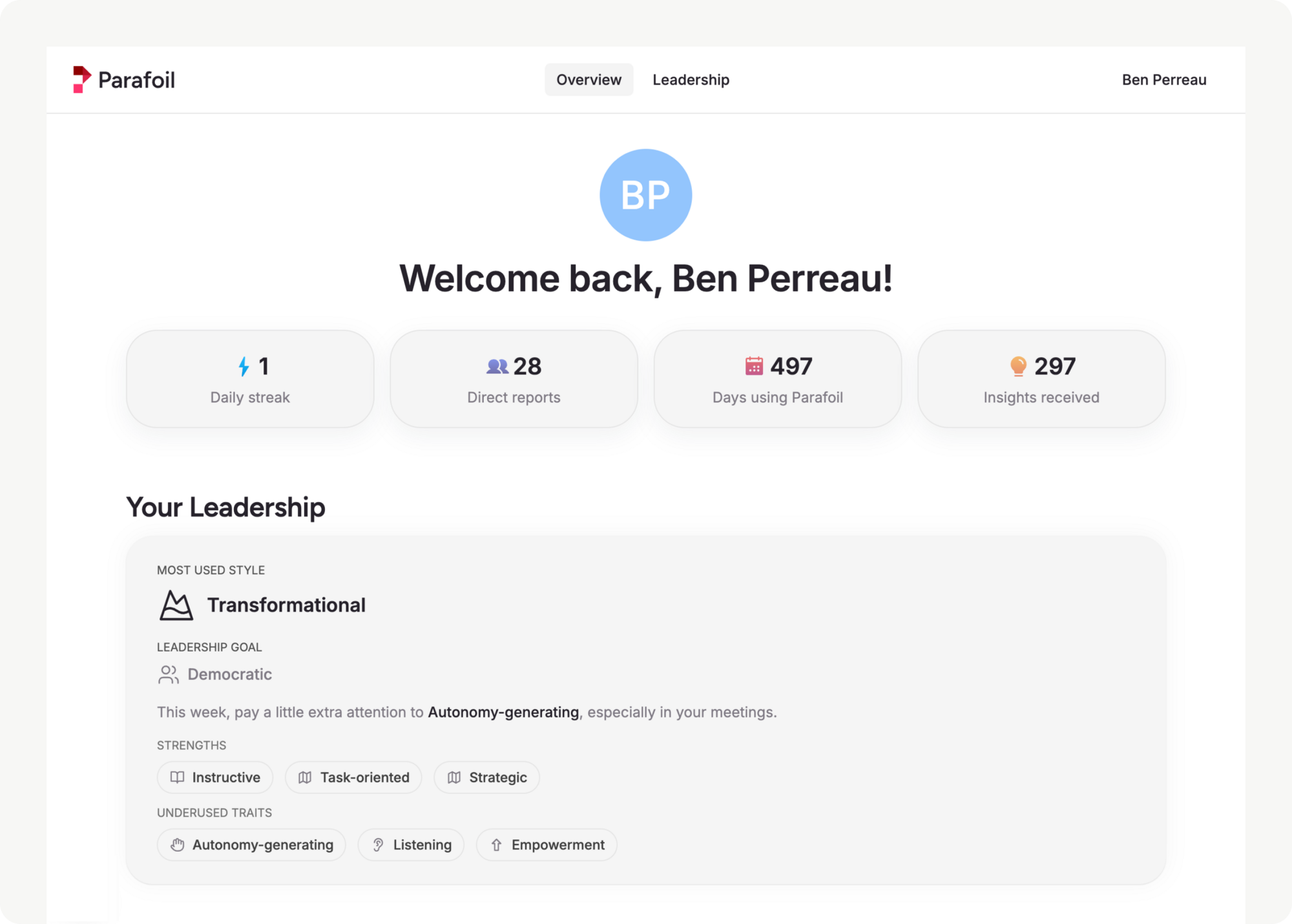 Parafoil product dashboard showing leadership style analysis