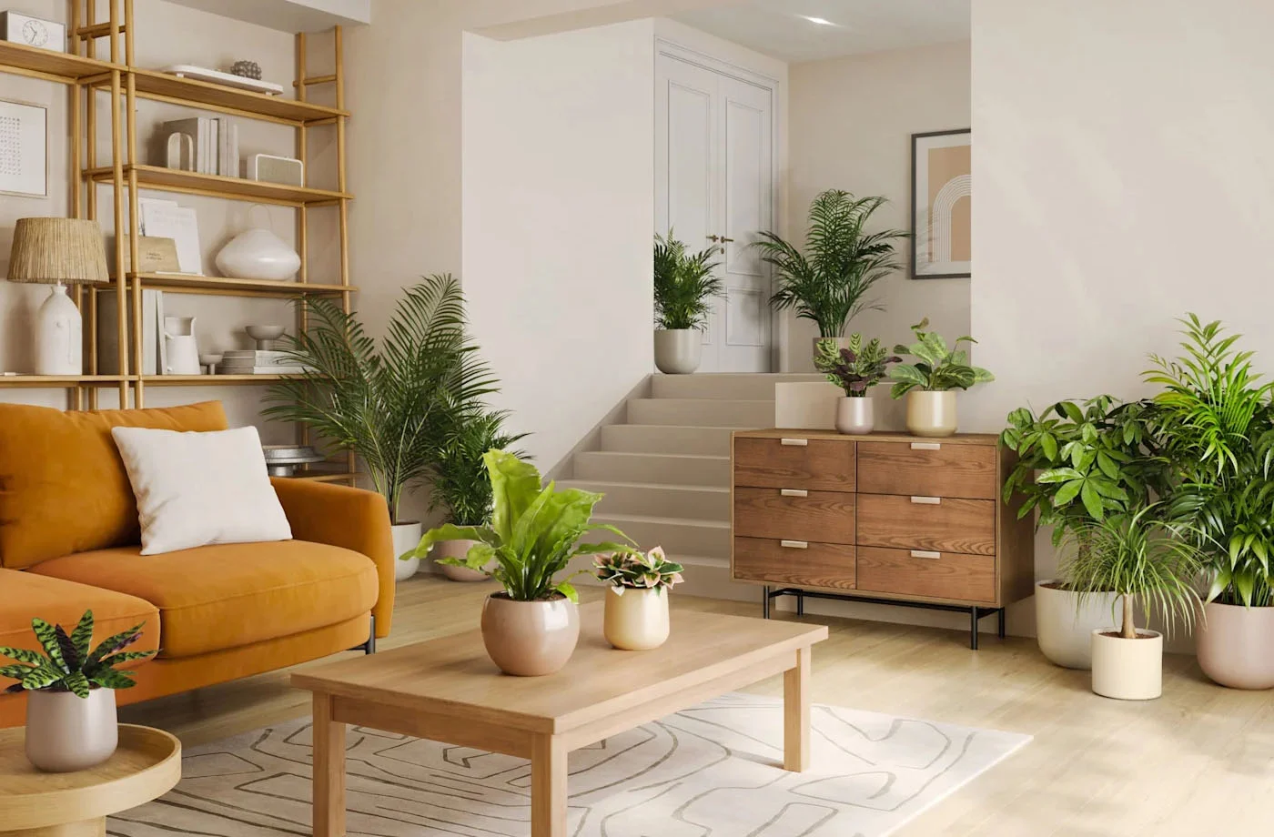 Lush indoor plants purifying a bright living space