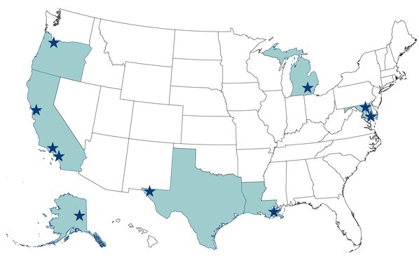Map illustration of BUILD program locations in the United States of America