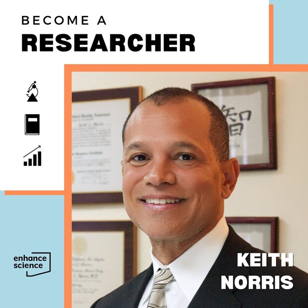 Black and white headshot photo of Keith Norris wearing glasses. Graphic headline reads "Become a Researcher"