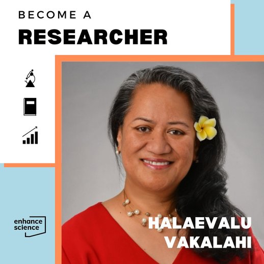 Headshot photo of Haleavalu Vakalahi with a yellow flower in her hair. Graphic headline reads "Become a Researcher"