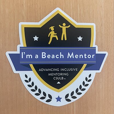 Sticker on a door with text: I’m a Beach Mentor. Advancing Inclusive Mentoring CSULB