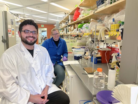 Lorenzo Ramirez in a lab with his mentor Margaret Alexander. Alexander is a post-doctoral fellow in the Turnbaugh Lab at University of California San Francisco.