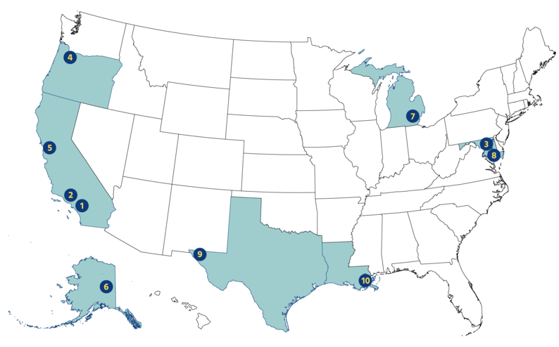 Map of the United States highlighting the location of the BUILD sites.