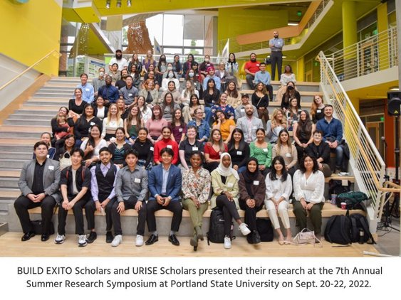 Large group photo of BUILD EXITO Scholars and URISE Scholars sitting on steps at the Annual Summer Research Symposium at Portland State University.
