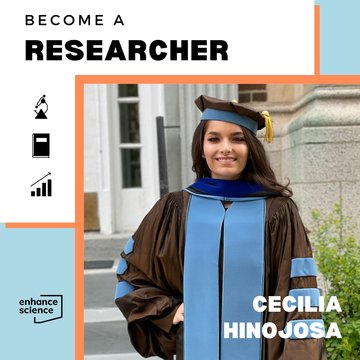 Photo of Cecilia Hinojosa standing outside of a university building wearing an convocation robe. Graphic headline reads "Become a Researcher"