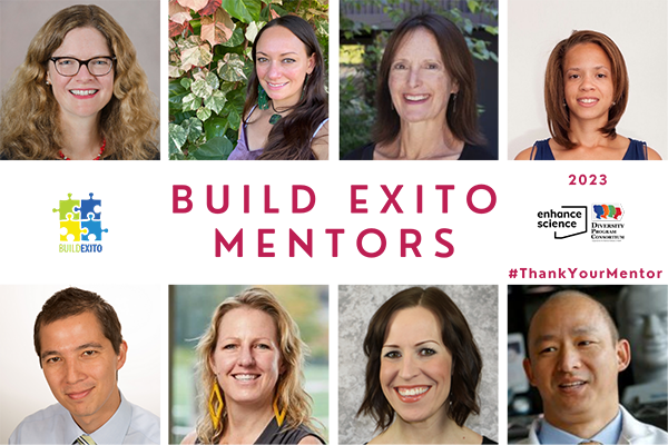 Eight headshots of BUILD EXITO mentors. Top row, left to right: Blair Darney, Shandee Dixon, Belinda Zeidler, and Nicole Bowles. Bottom row, left to right: Alan Teo, Darah Shifrer, Jennifer Blakeslee, and Derek Lam.