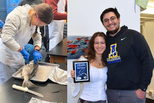 Left: Victorino participating in the Fish Tissue Sampling Workshop at Whalefest 2022 in Sitka, AK (photo credit H. Robinson). Right: Victorino with her BLaST RAMP Nikola Nickolic, receiving her congratulations plaque in April 2024 (photo credit Amy Topkok). 
