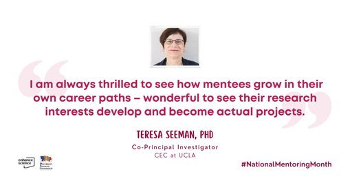 “I am always thrilled to see how mentees grow in their own career paths – wonderful to see their research interests develop and become actual projects. I mostly work with research mentees.” Teresa Seeman, PhD, Co-Principal Investigator, CEC at UCLA