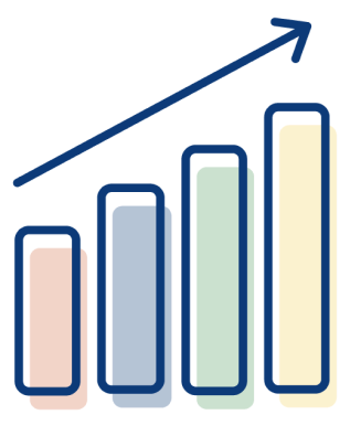 A four bar graph ascending showing change with an upward arrow.