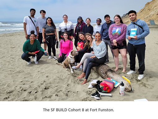 SF BUILD Cohort 8 poses for a group photo together at the beach at Fort Funston