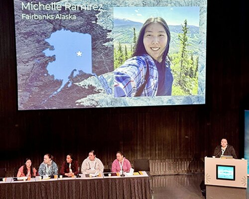 Michelle Ramirez speaks on a youth-focused panel at the Arctic Circle Assembly in Reykjavik, Iceland, in October 2023.