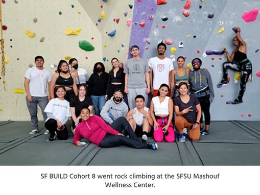 SF BUILD Cohort 8 went rock climbing at the SFSU Mashouf Wellness Center.
