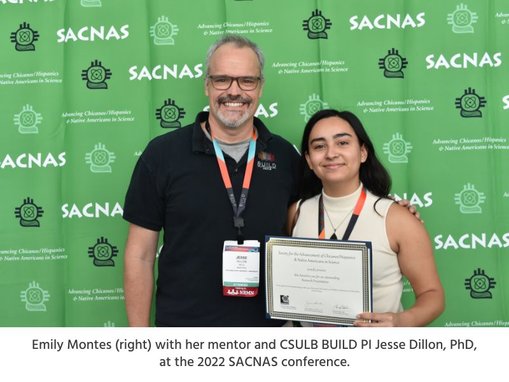 Emily Montes (right) with her mentor and CSULB BUILD PI Jesse Dillon, PhD, at the 2022 SACNAS conference.