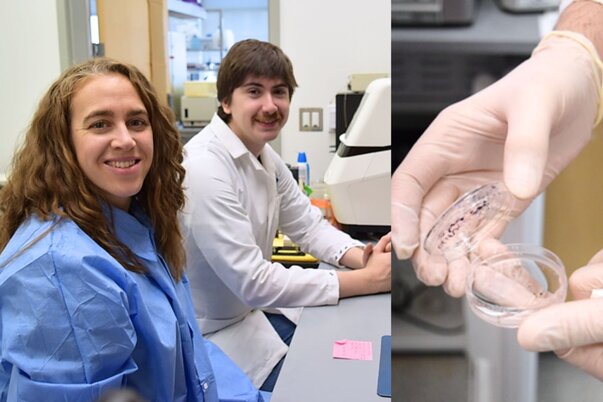 Left: Miller with his faculty mentor Dr. Maegan Weltzin in March 2024. Right: Miller sharing one of his samples.