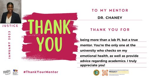 To my mentor Dr. Chaney: Thank you for being more than a lab PI, but a true mentor. You’re the only one at the university who checks on my emotional health, as well as provide advice regarding academics. I truly appreciate you! - Justice